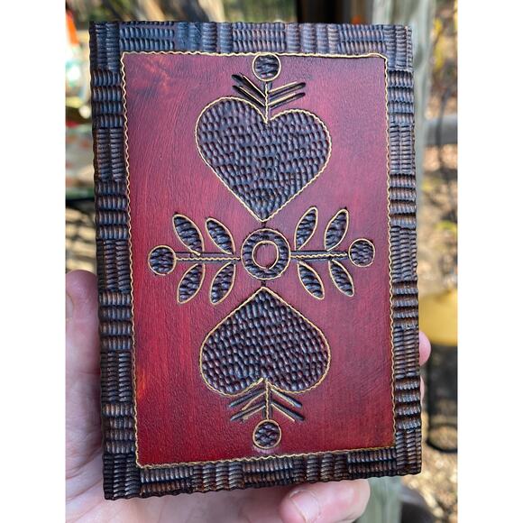 Handmade Polish Folk Art Wooden Trinket Box 3.5 x 5 in. Red Brown Heart Leaf EUC - Picture 12 of 14